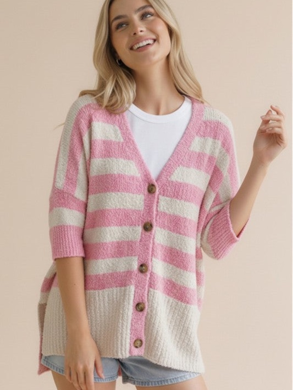 Striped Pink and Cream Button-Up Womens Sweater Cardigan